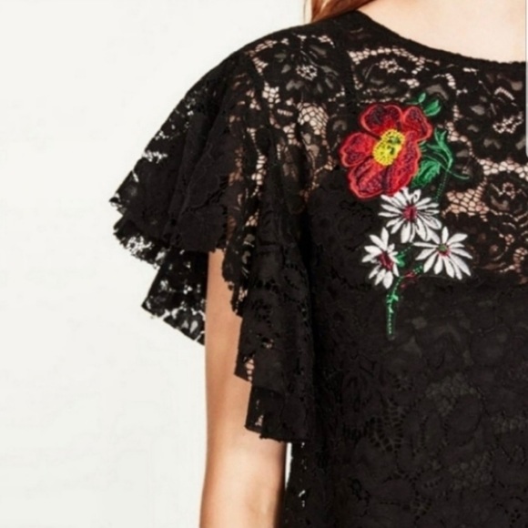 Zara • Black Lace Flutter Dress w Floral Embroidery ~ Dia de Los Muertos - Picture 2 of 4